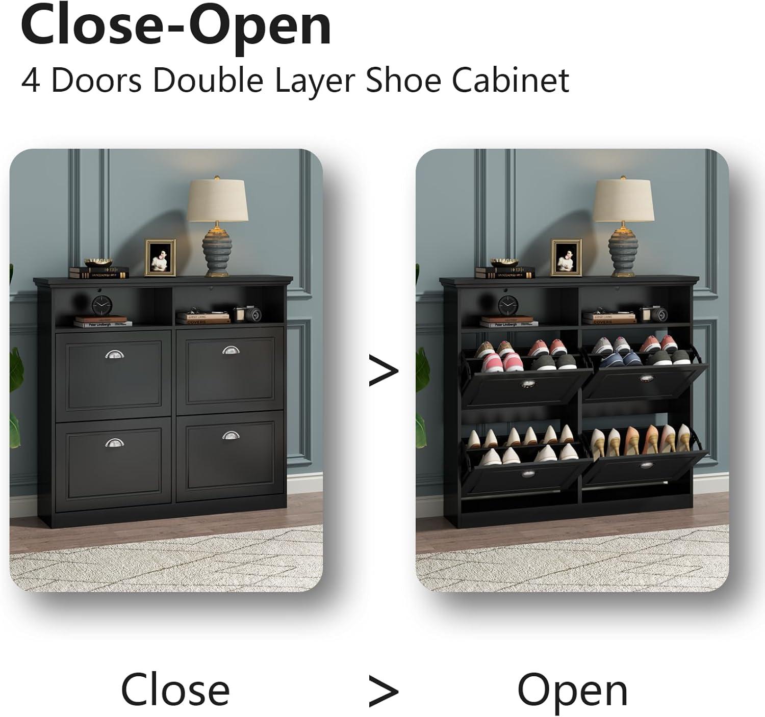 Shoe Cabinet with 4 Flip Drawers, Shoe Storage Cabinet for Entryway, Freestanding Hidden Shoe Cabinet Organizer with Open Storage, Slim Narrow Shoe Rack Cabinet (Black)