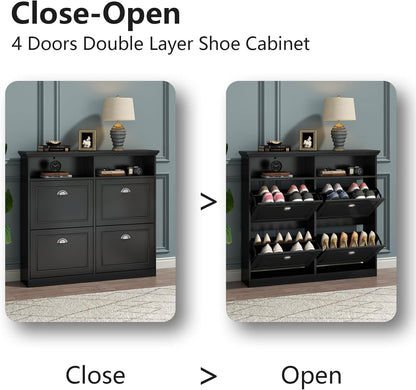 Shoe Cabinet with 4 Flip Drawers, Shoe Storage Cabinet for Entryway, Freestanding Hidden Shoe Cabinet Organizer with Open Storage, Slim Narrow Shoe Rack Cabinet (Black)