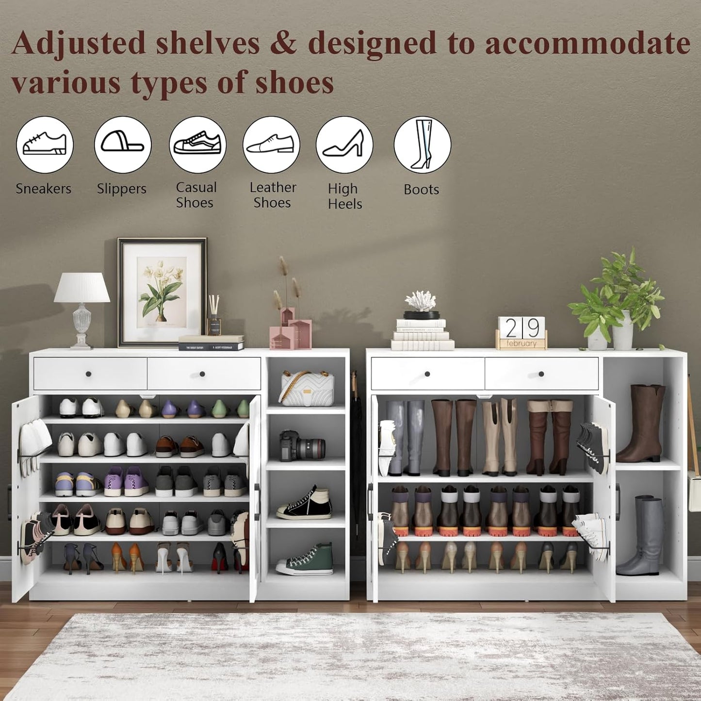 Loomie 5-Tier Shoe Cabinet with 4 Side Cubbies, Farmhouse Shoe Rack Cabinet with 6 Adjustable Shelves & 2 Drawers, Freestanding Shoe Storage Cabinet with 4 Brackets & 2 Hooks for Entryway (White)