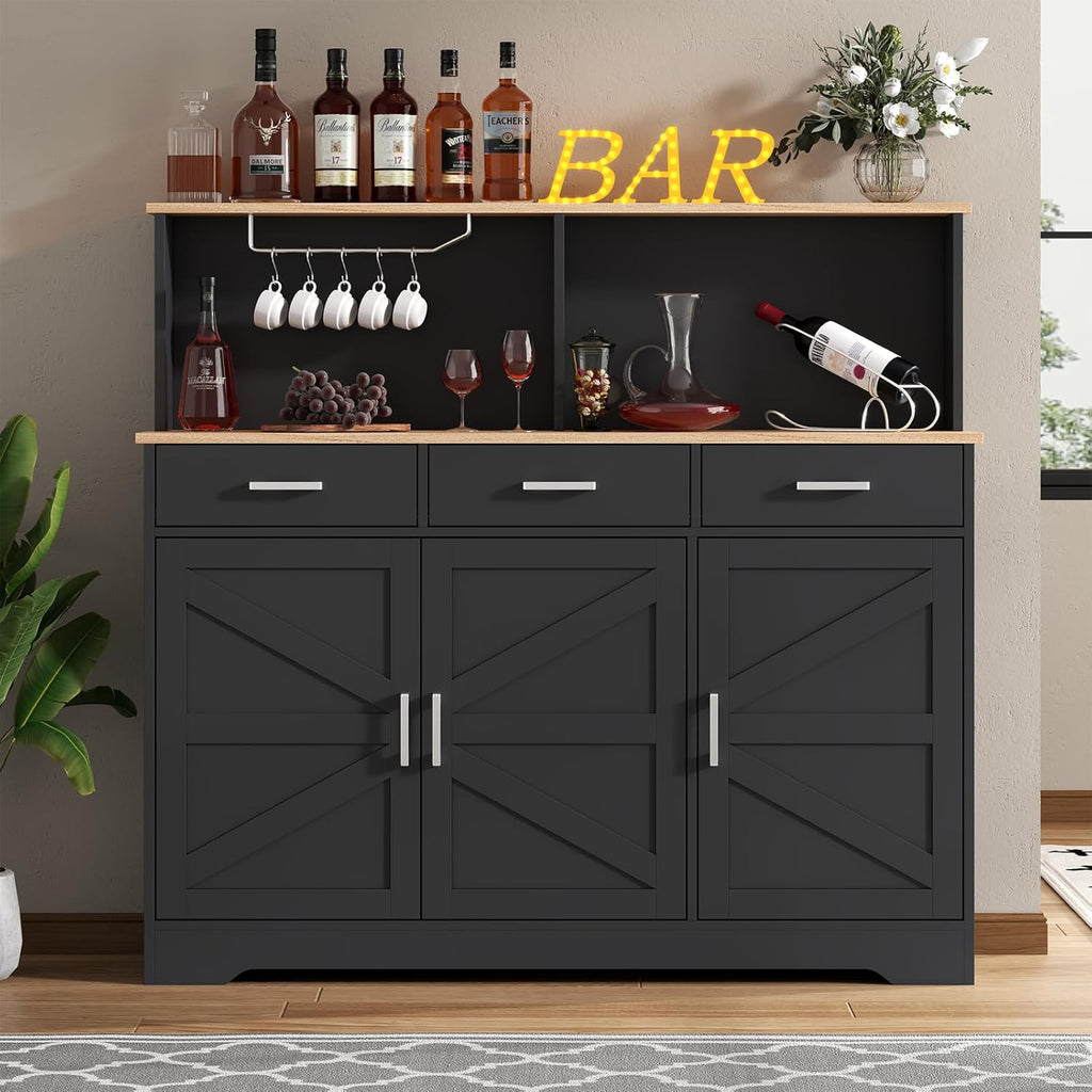 Buffet Cabinets with 3 Drawers, Farmhouse Sideboard Storage Cabinet with Goblet Holder, Large Coffee Bar with 3 Doors, Wood Buffet Table with Adjustable Shelf for Kitchen, Dining Room