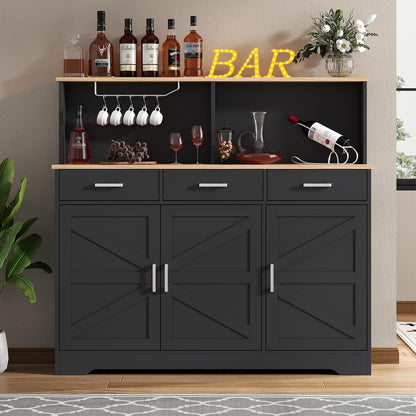 Buffet Cabinets with 3 Drawers, Farmhouse Sideboard Storage Cabinet with Goblet Holder, Large Coffee Bar with 3 Doors, Wood Buffet Table with Adjustable Shelf for Kitchen, Dining Room