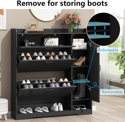 Shoe Cabinet with 2 Flip Drawers & 1 Drawer, Shoe Storage Cabinet with Sidecabinet for Entryway, Slim Freestanding Shoe Cabinet Organizer with Adjustable shelf, Narrow Hidden Shoe Rack, Black
