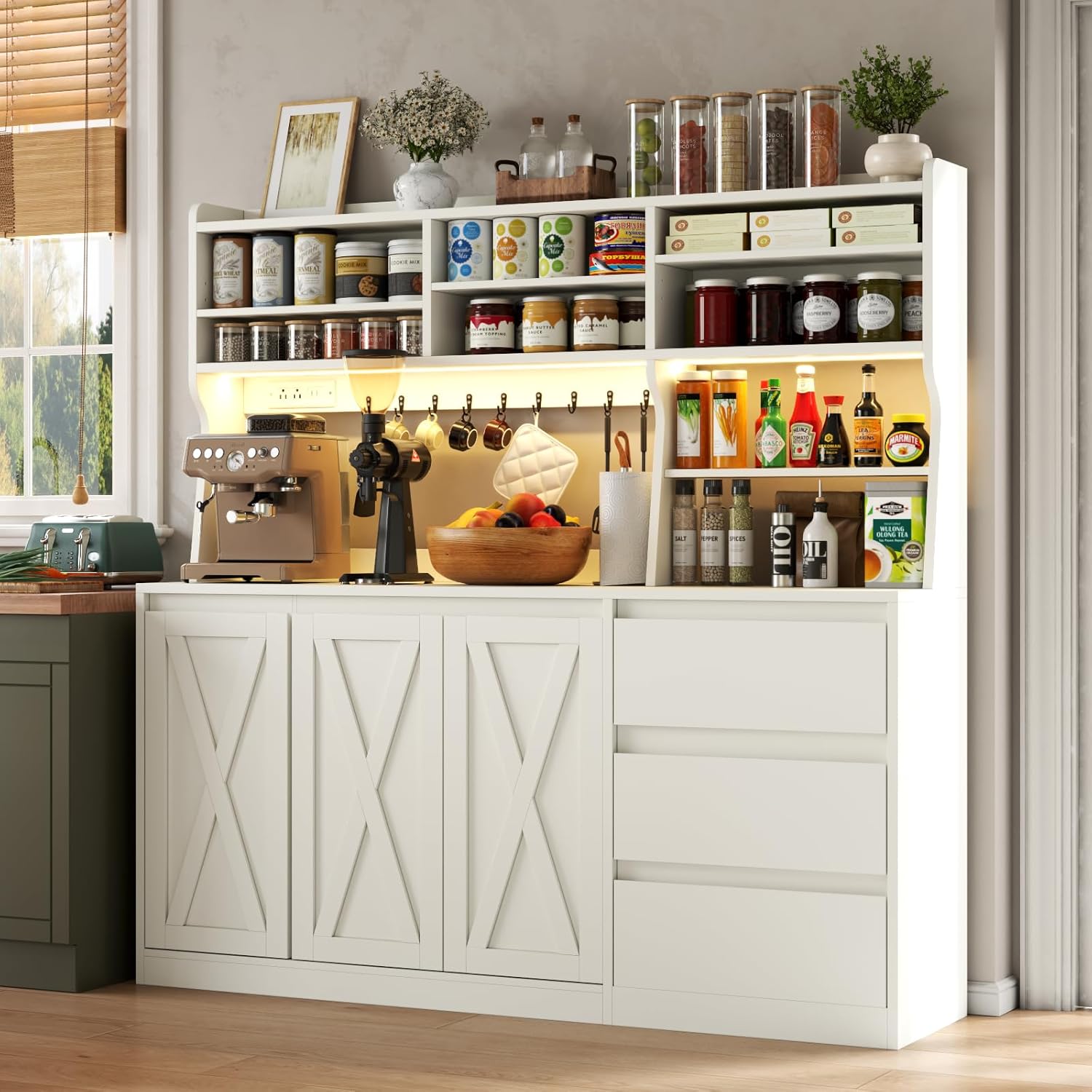 Farmhouse Kitchen Pantry Cabinet with Power Outlet & LED Light, Large Coffee Bar Cupboard with Microwave Stand, 3 Doors & 3 Drawers, 7 Cup Holders & 8 Open Cubbies, Adjusted Shelves (White)