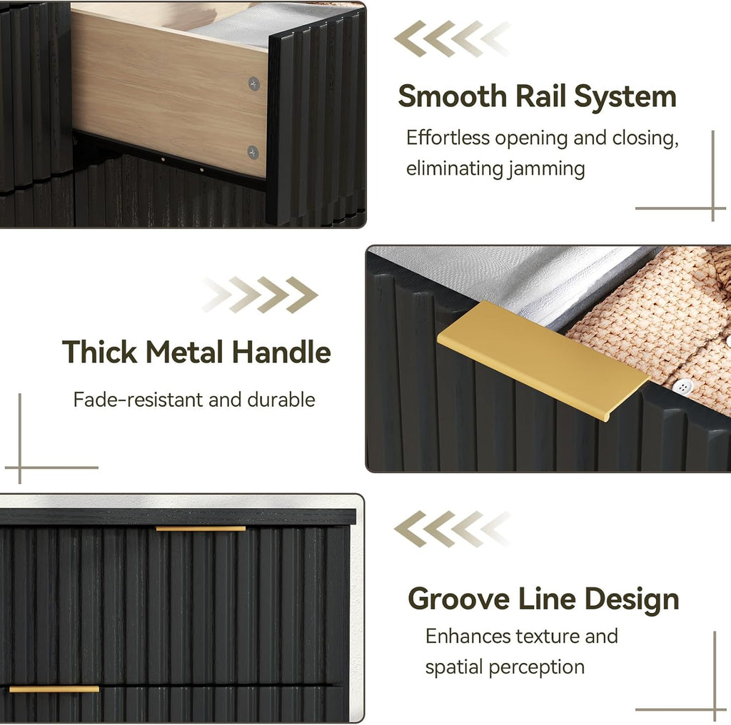 8 Drawer Dresser with Fluted Panel, 47.25" Wide Black Chest of Drawers with Power Outlet, Wooden Dresser Organizer with Sturdy Metal Handle, Modern Dresser TV Stand for Bedroom, Living Room, Entryway