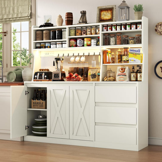 Farmhouse Kitchen Pantry Cabinet with Power Outlet & LED Light, Large Coffee Bar Cupboard with Microwave Stand, 3 Doors & 3 Drawers, 7 Cup Holders & 8 Open Cubbies, Adjusted Shelves (White)