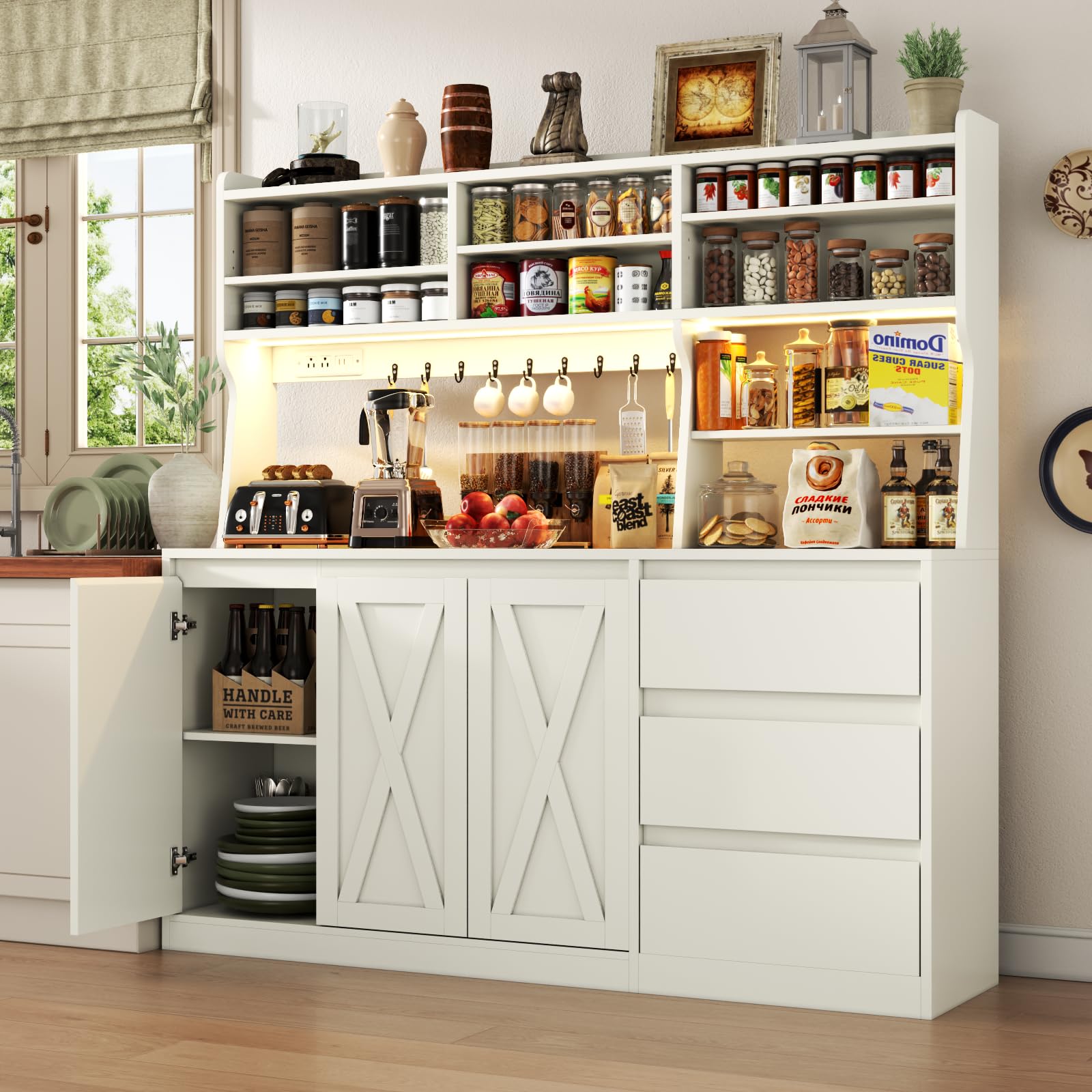 Farmhouse Kitchen Pantry Cabinet with Power Outlet & LED Light, Large Coffee Bar Cupboard with Microwave Stand, 3 Doors & 3 Drawers, 7 Cup Holders & 8 Open Cubbies, Adjusted Shelves (Black)