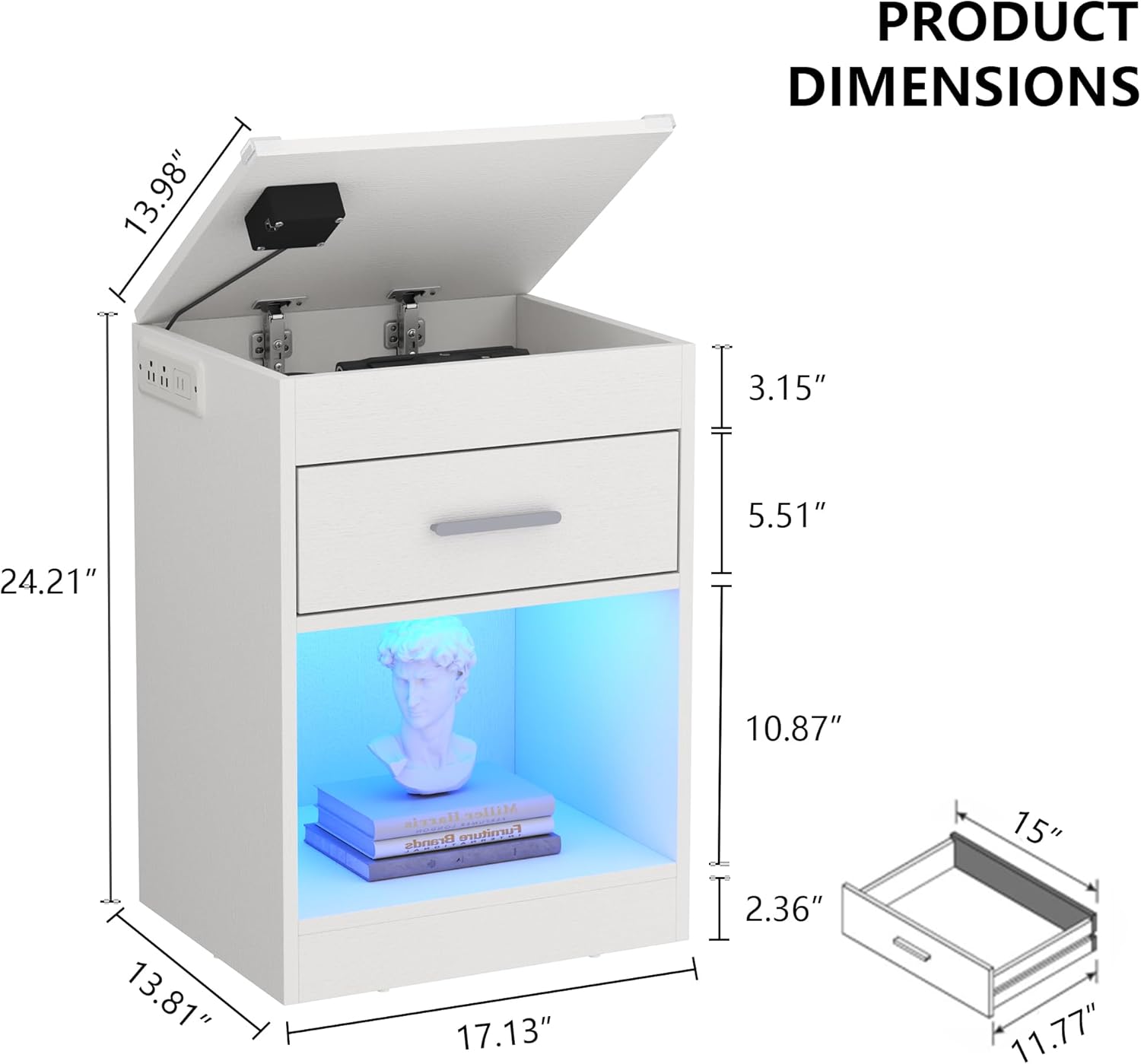 White Nightstand Set of 2 with Charging Station & RFID Lock Cabinet, Hidden Night Stand with LED Lights, Modern Bedside Table with Drawer & Valuables Storage, Secret Concealment Nightstand for Bedroom