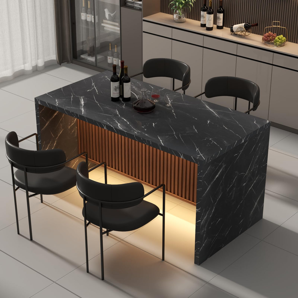 71" Large Imitation Marble Dining Table for 6-8 People, with LED Lights