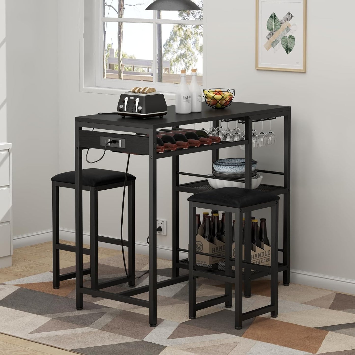 Bar Table and Chairs Set with Power Outlet, Pub Table and Chairs Set for 2 with 2 Storage Shelves, 3 Piece Table Set with Wine Rack&Glass Holder for Living Room,Dining Room,Small Apt (Black)
