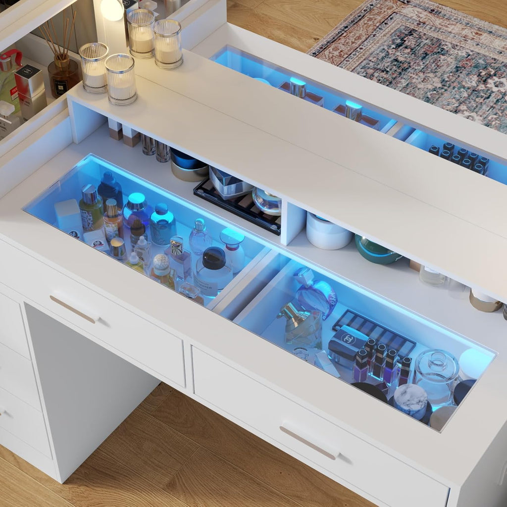 White Vanity Desk with Mirror and Lights, 8 Drawer Makeup Vanity Table with Glass Top, Power Outlets and RGB Lights, Women & Girls Dressing Table with Lighted Mirror（Stool Not Included）