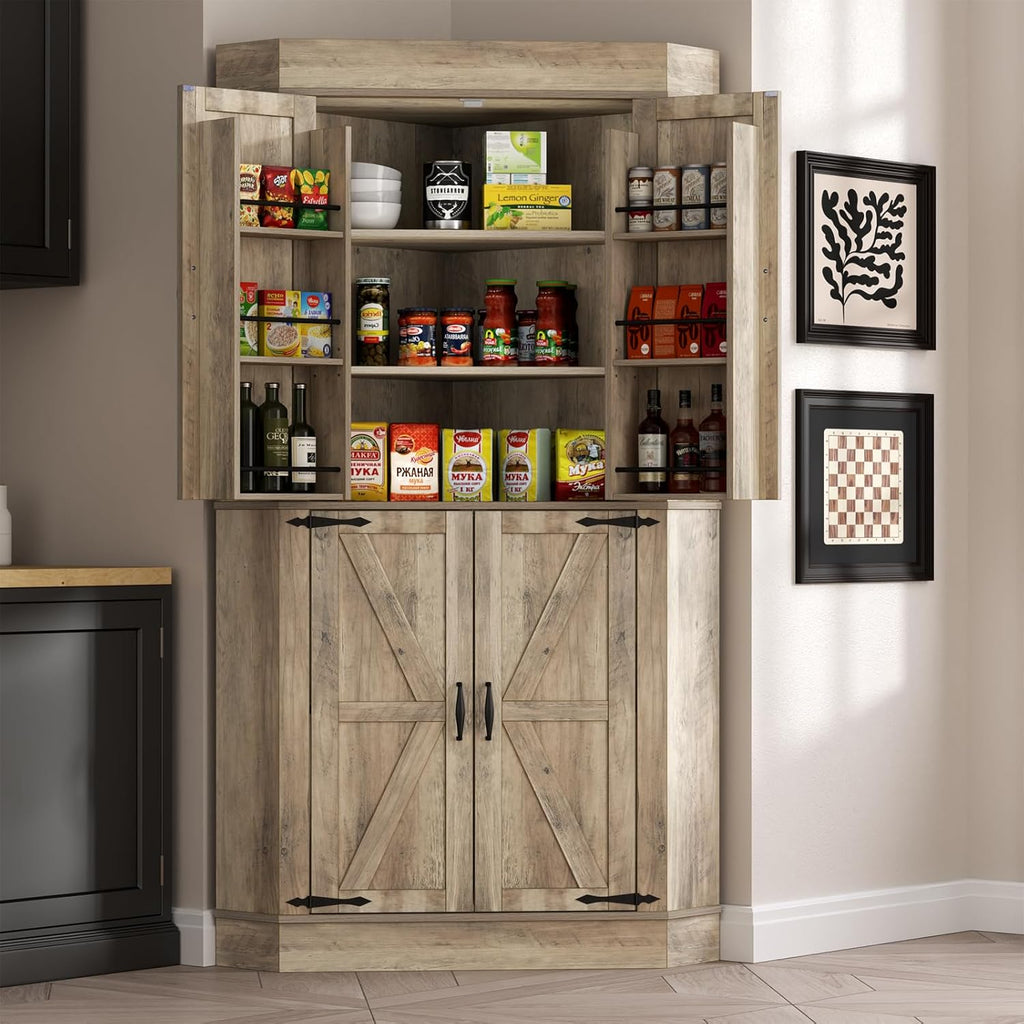 Corner Cabinet,Kitchen Pantry Storage Cabinet,Freestanding Buffet Hutch with 4 Doors and Shelves,Tall Food Pantry Farmhouse Furniture with Side Rack for Kitchen Dining Room(Retro)