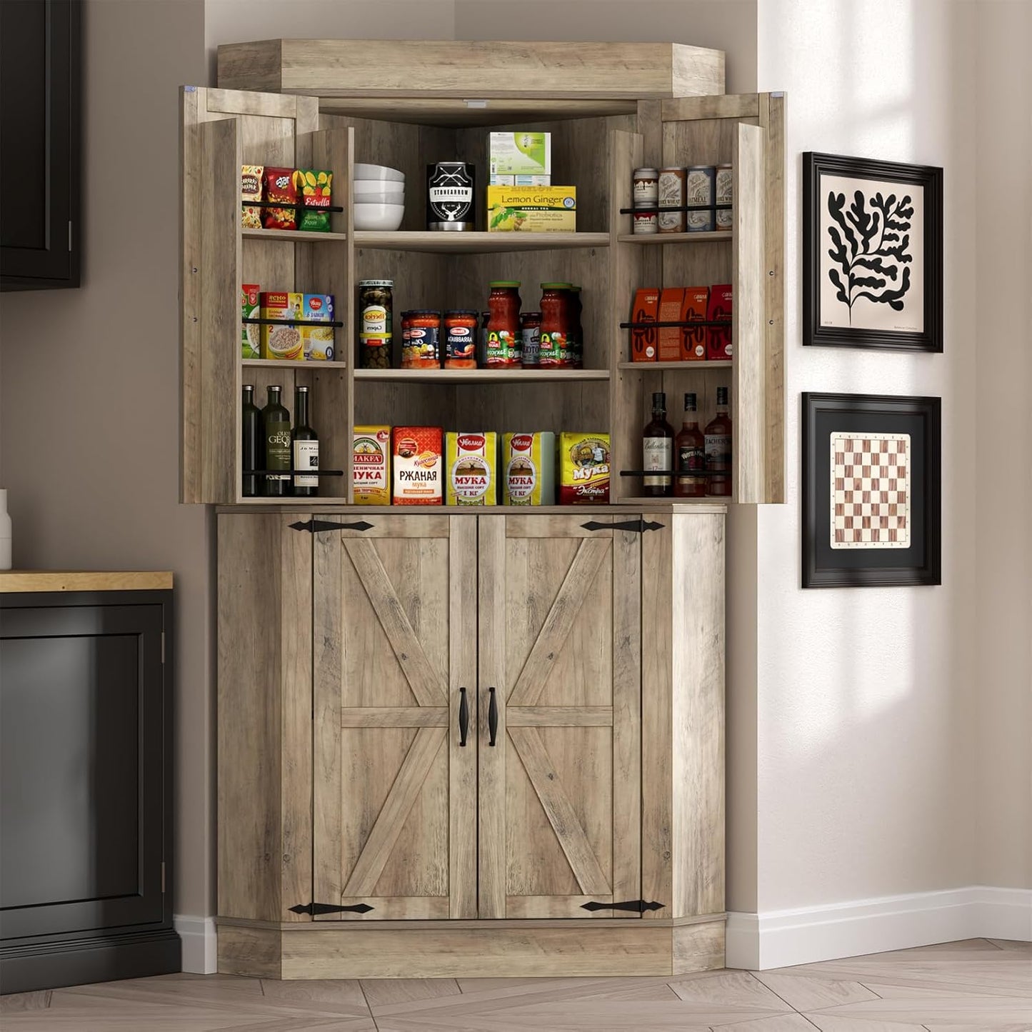 Corner Cabinet,Kitchen Pantry Storage Cabinet,Freestanding Buffet Hutch with 4 Doors and Shelves,Tall Food Pantry Farmhouse Furniture with Side Rack for Kitchen Dining Room(Retro)