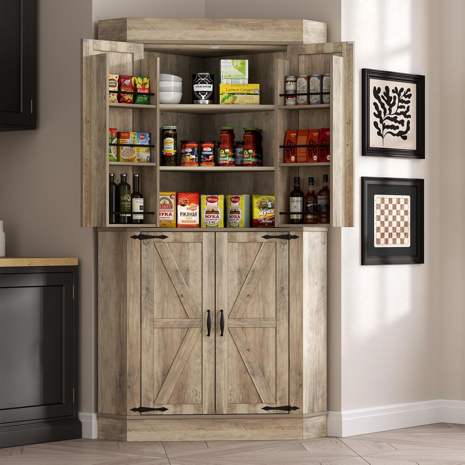 Corner Cabinet,Kitchen Pantry Storage Cabinet,Freestanding Buffet Hutch with 4 Doors and Shelves,Tall Food Pantry Farmhouse Furniture with Side Rack for Kitchen Dining Room(Retro)