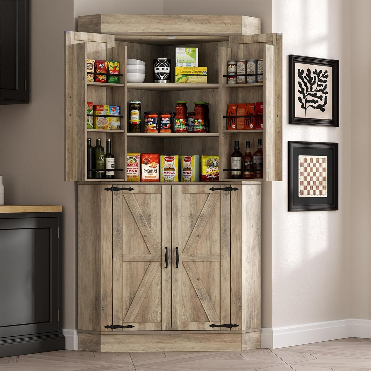 71" Tall Corner Cabinet,Kitchen Pantry Storage Cabinet with Doors & Shelves