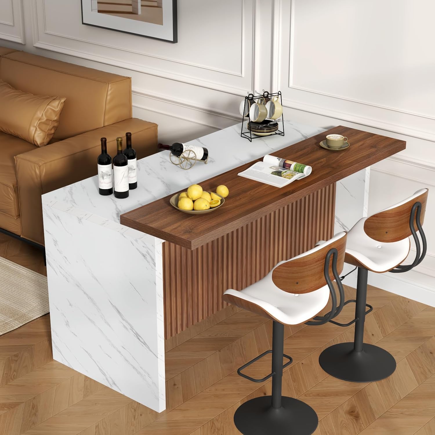 63" Large Imitation Marble Bar Table,Island Table with LED Lights,Mordern Marble Stripes Freestanding Mini Bar with Grille design,Home Bar Unit for Home Kitchen, Living Room, Balcony, Basement (White)