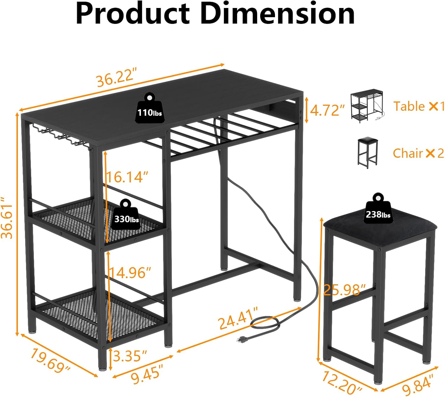 Bar Table and Chairs Set with Power Outlet, Pub Table and Chairs Set for 2 with 2 Storage Shelves, 3 Piece Table Set with Wine Rack&Glass Holder for Living Room,Dining Room,Small Apt (Black)