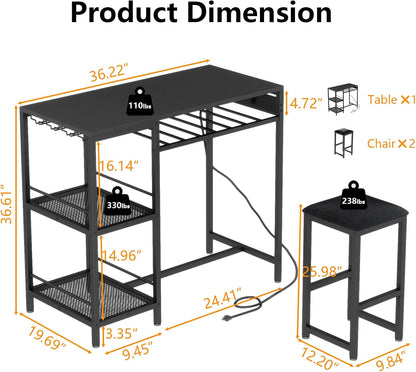 Bar Table and Chairs Set with Power Outlet, Pub Table and Chairs Set for 2 with 2 Storage Shelves, 3 Piece Table Set with Wine Rack&Glass Holder for Living Room,Dining Room,Small Apt (Black)
