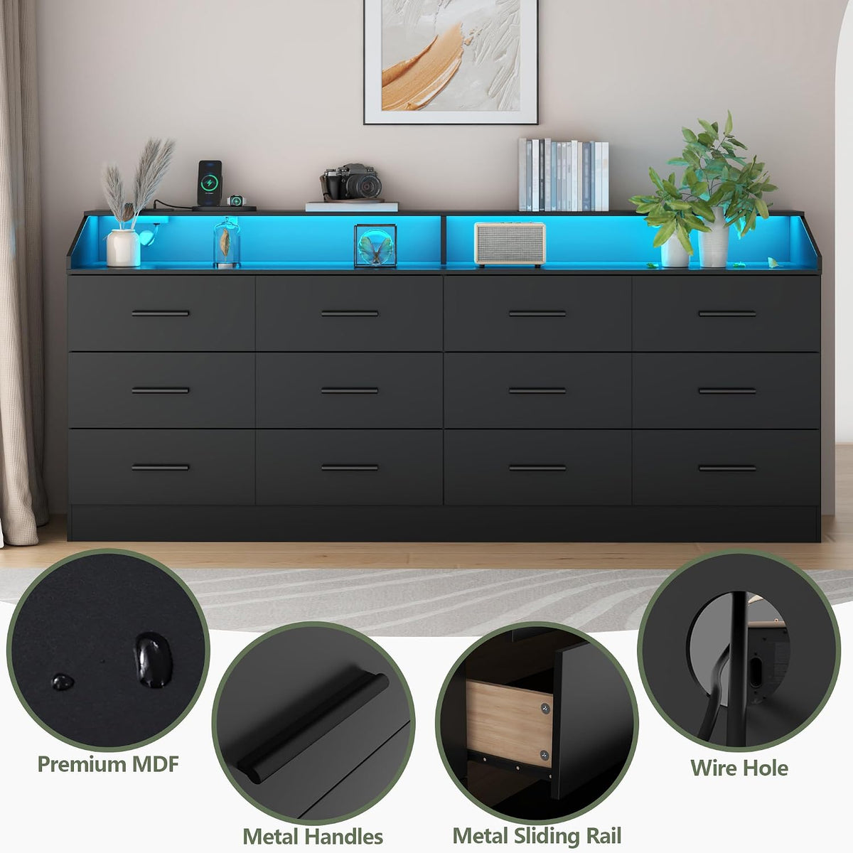 12 Drawer Dresser for Bedroom with Power Outlet,Modern Dresser w/ LED Light