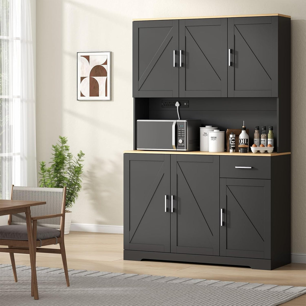 Gyfimoie 71’’ Farmhouse Kitchen Pantry Cabinet, Tall Storage Cabinet with Power Outlet, Freestanding Hutch with Drawer, 4 Adjustable Shelf & 6 Doors for Kitchen Living Room (Black)