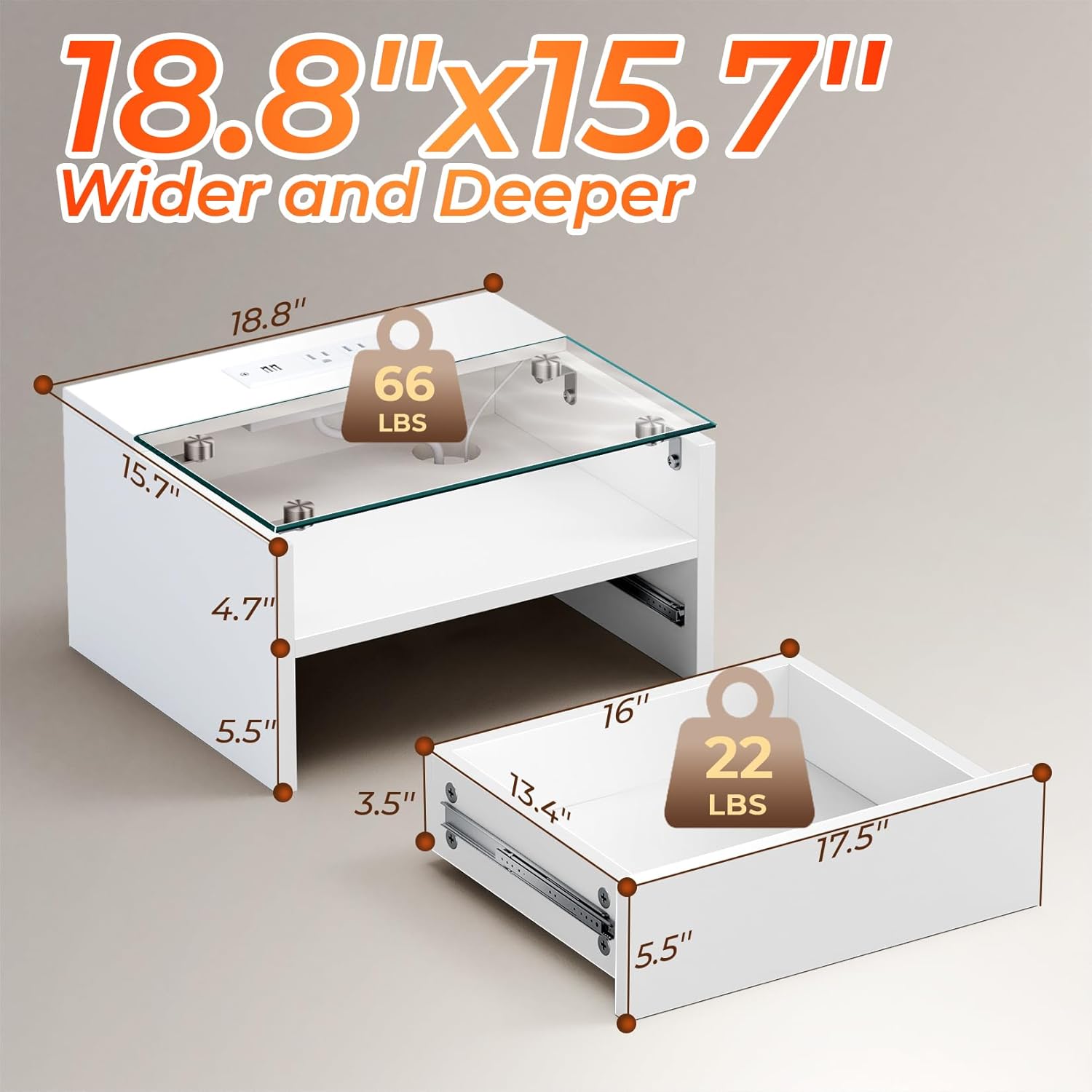 Floating Nightstand with Charging Station, Floating Night Stand with Charging Station and LED, Night Stand for Living Room, Entryway Wall, Bedroom White Nightstand