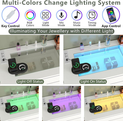 8 Drawer Dresser with Glass Top & Power Outlet, White Dresser for Bedroom with LED Light, Modern Chest of Drawer Double Wide Drawers Organizer Cabinet for Bedroom, Living Room (White)