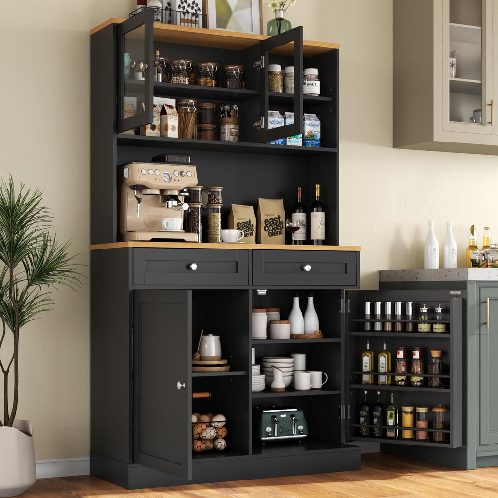 Tall Pantry Cabinet with Darwers, Modern Kitchen Hutch with Microwave Stand