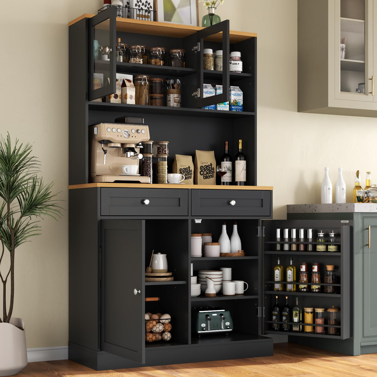 Tall Pantry Cabinet with Darwers, Modern Kitchen Hutch with Microwave Stand