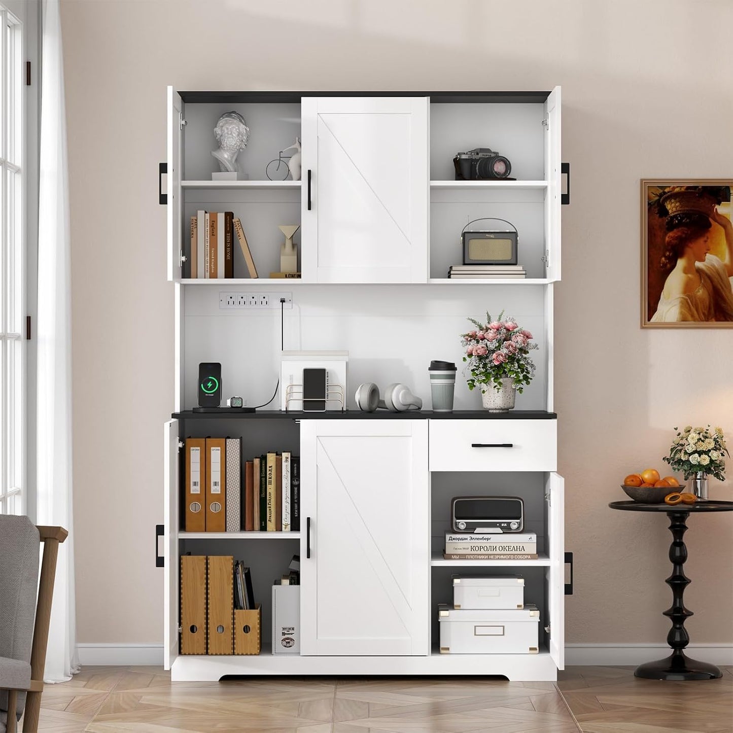 71’’ Farmhouse Kitchen Pantry Cabinet, Tall Storage Cabinet with Power Outlet, Freestanding Hutch with Drawer, 4 Adjustable Shelf & 6 Doors for Kitchen Living Room (White)