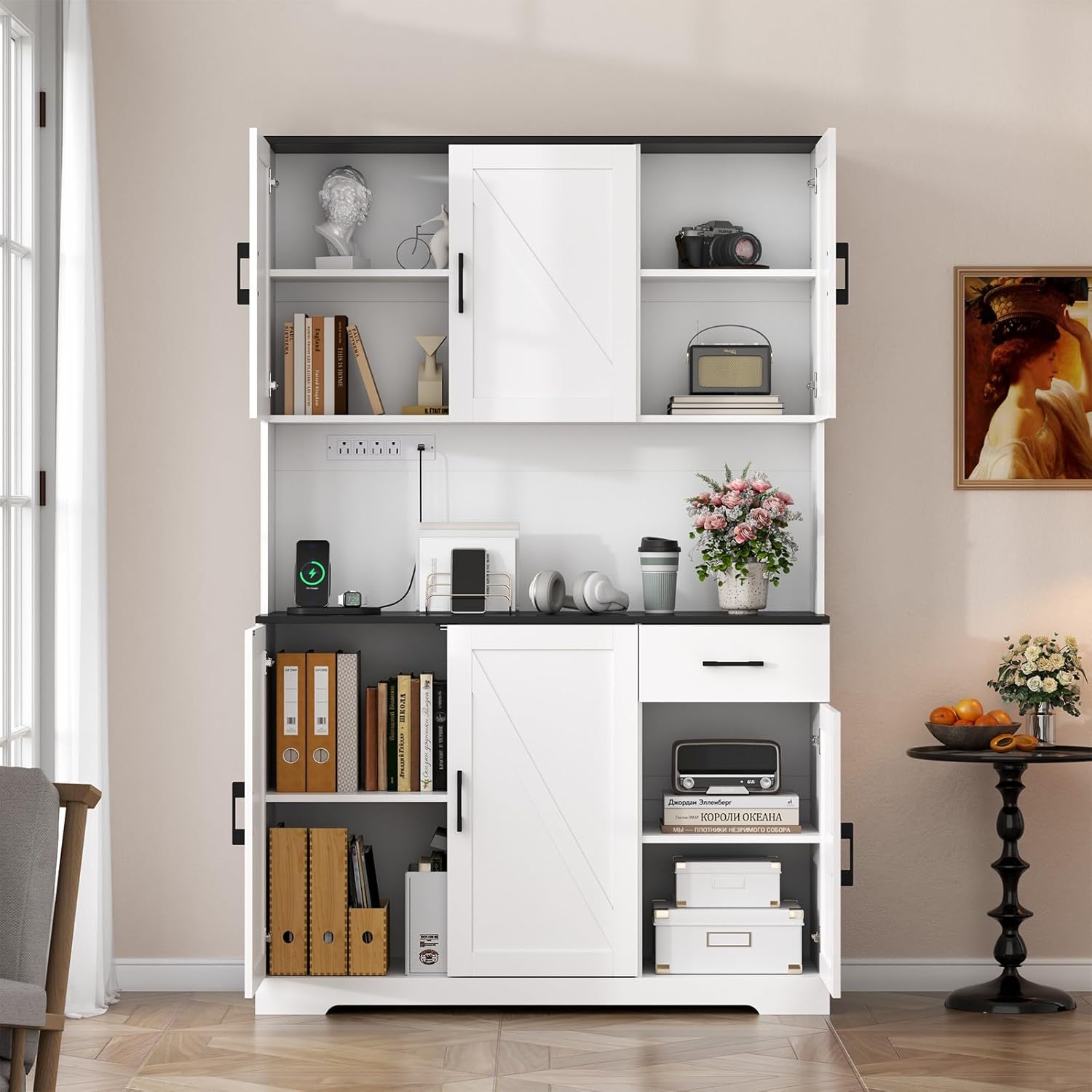 71’’ Farmhouse Kitchen Pantry Cabinet, Tall Storage Cabinet with Power Outlet, Freestanding Hutch with Drawer, 4 Adjustable Shelf & 6 Doors for Kitchen Living Room (White)