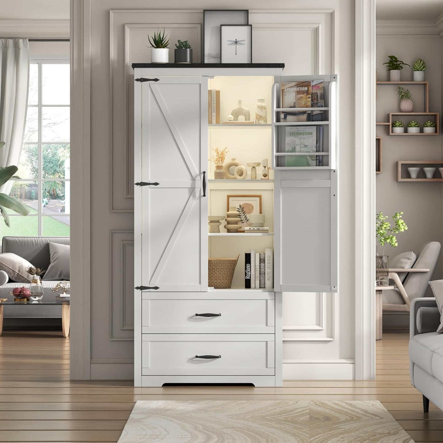 Tall Farmhouse Kitchen Cabinet with Sensor Light, Food Pantry Cabinet with 2 Large Drawers and Adjustable Shelves, Traditional Freestanding Cupboard with Doors for Kitchen (White)