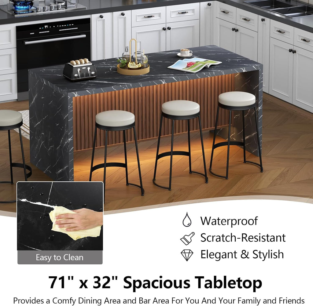 71" Large Imitation Marble Dining Table for 6-8 People, with LED Lights