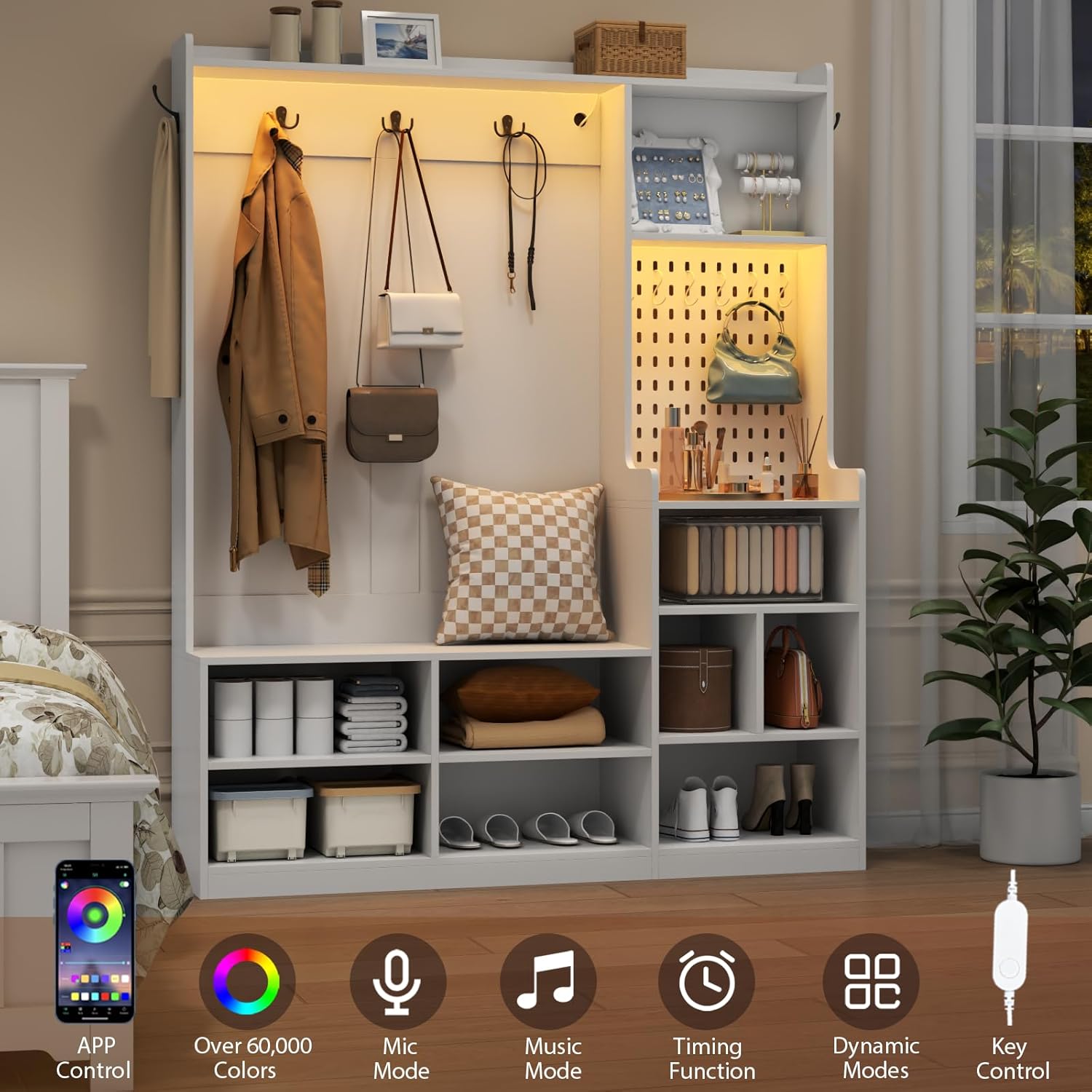 Hall Tree with Shoe Storage, Entryway Bench with Coat Rack & LED Lights, Modern Hall Trees with 9 Cubbies & 5 Hooks, Mudroom Coat Rack Cabinet, White