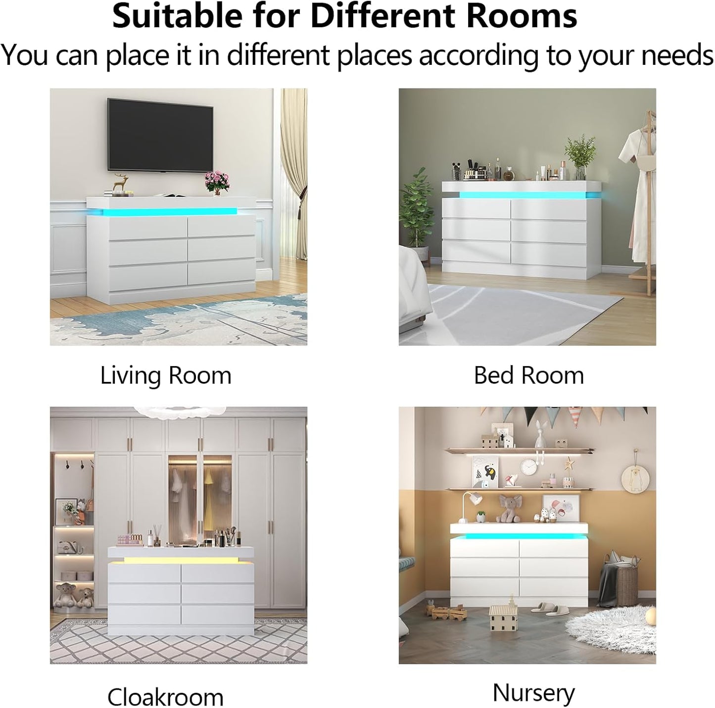 6 Drawer Dresser with Power Outlet, Dresser with LED Light, Modern Chest of Drawers for Closet, Double Wide Drawer Organizer Cabinet for Bedroom, Living Room (White, 6 Drawers)