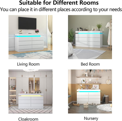 6 Drawer Dresser with Power Outlet, Dresser with LED Light, Modern Chest of Drawers for Closet, Double Wide Drawer Organizer Cabinet for Bedroom, Living Room (White, 6 Drawers)