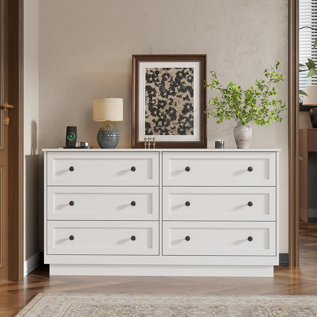 6 Drawer Dresser with Power Outlet and LED Light, Modern Floating Storage Dresser for Bedroom, Living Room