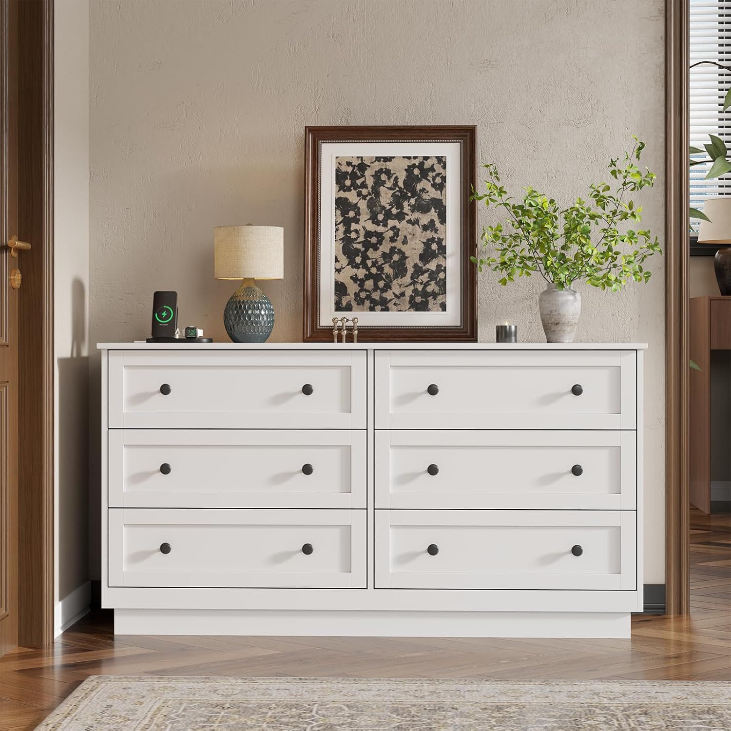 6 Drawer Dresser with Power Outlet and LED Light, Modern Floating Storage Dresser for Bedroom, Living Room