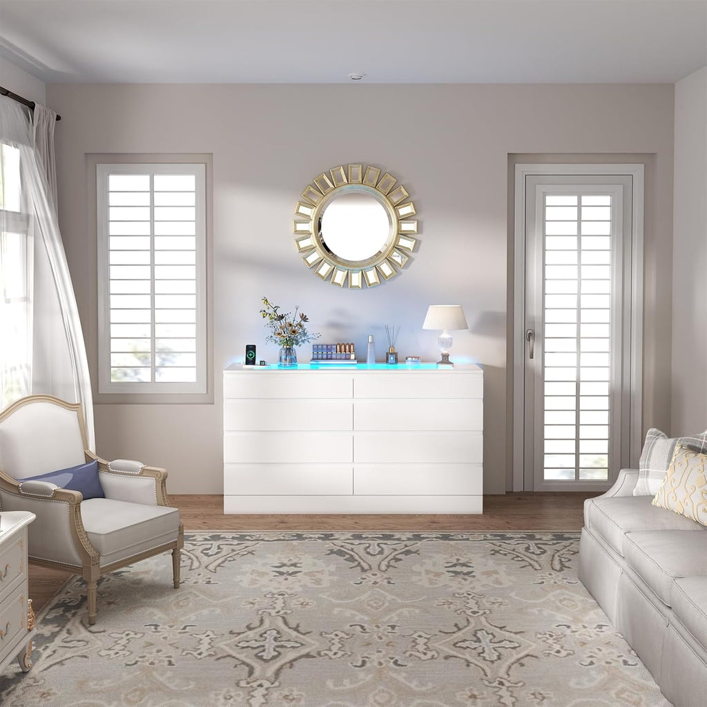 8 Drawer Dresser with Power Outlet, White Dresser for Bedroom Chest of Drawer with Glass Top & LED Light, Modern Double Wide Drawer Organizer Cabinet for Living Room (White)