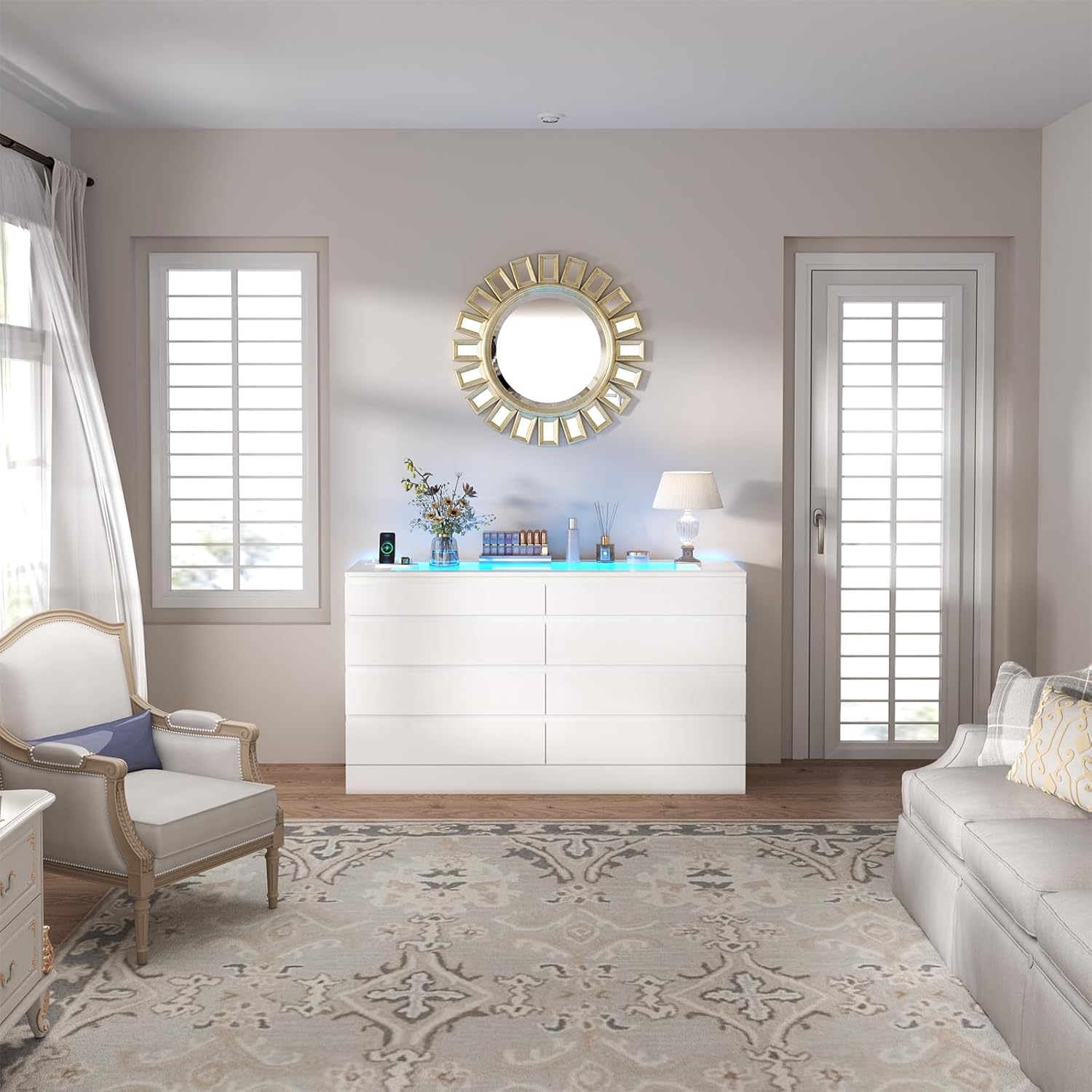 8 Drawer Dresser with Power Outlet, White Dresser for Bedroom Chest of Drawer with Glass Top & LED Light, Modern Double Wide Drawer Organizer Cabinet for Living Room (White)