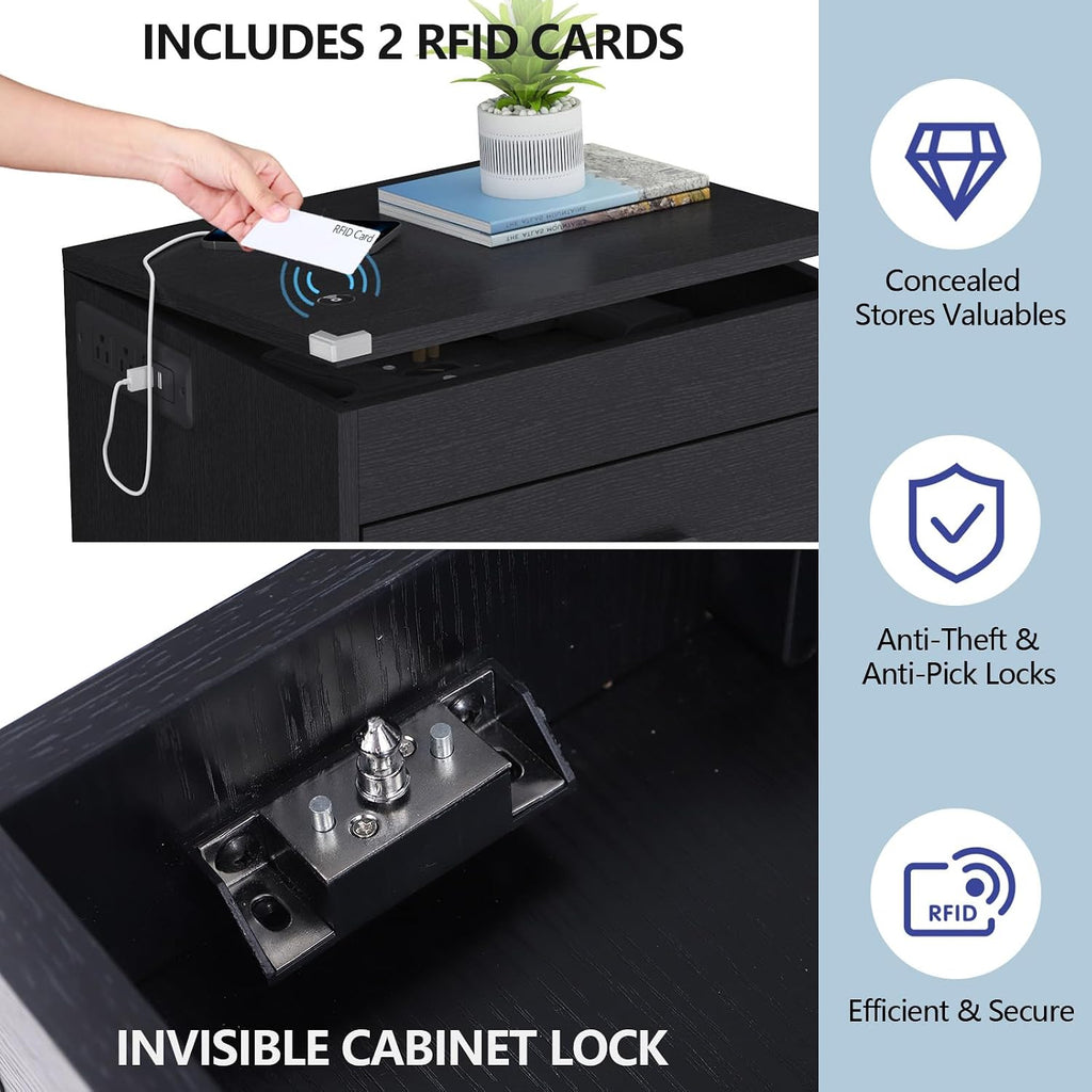 Black Nightstand Set of 2 with Charging Station & RFID Lock,LED Night Stand