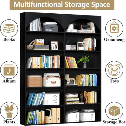 70.8’’ Tall Bookshelf and Bookcase, 7-Tier Double Wide Bookcase Modern Large Open Display Shelves with Curved Baffle for Home Office Living Room (Black)