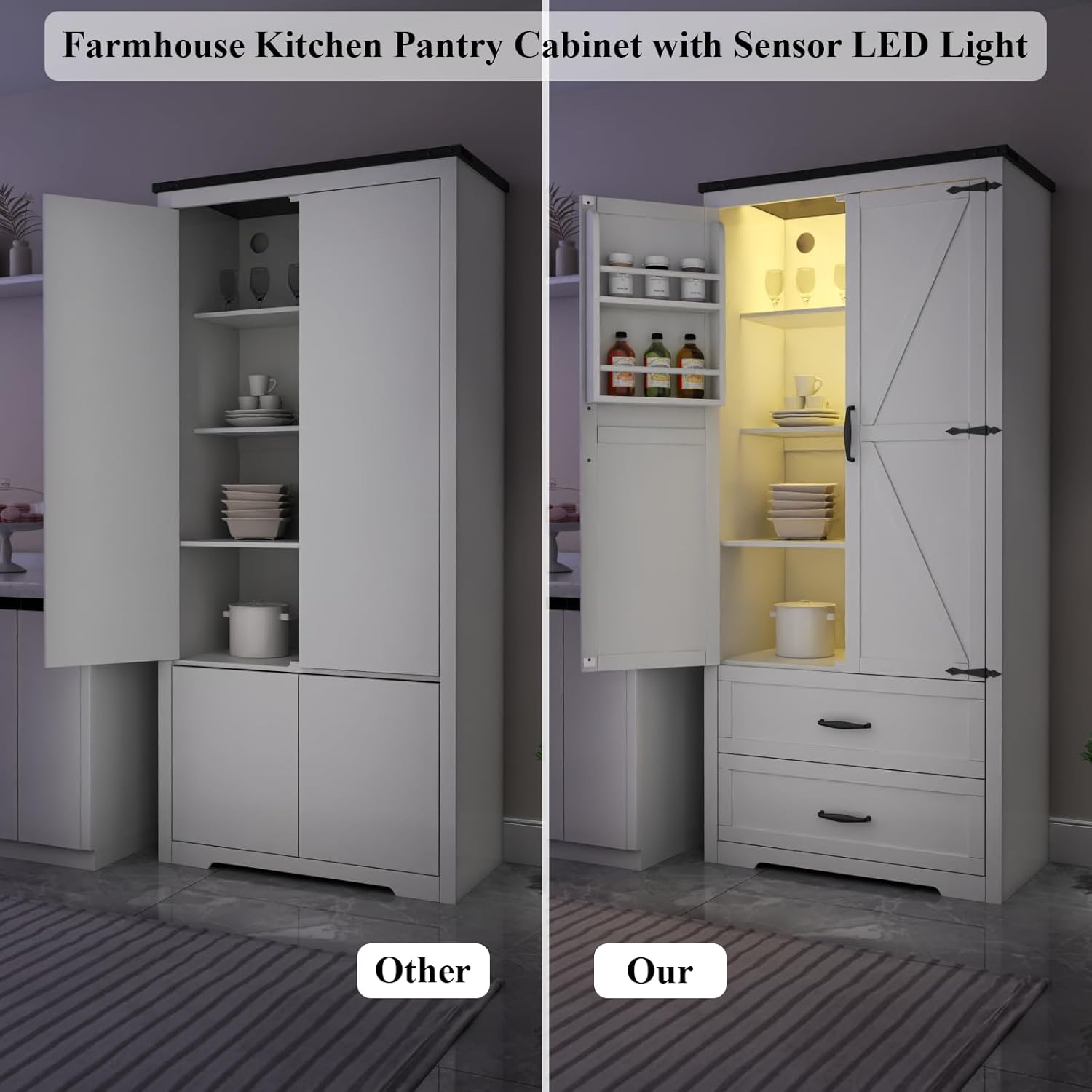 Tall Farmhouse Kitchen Cabinet with Sensor Light, Food Pantry Cabinet with 2 Large Drawers and Adjustable Shelves, Traditional Freestanding Cupboard with Doors for Kitchen (White)