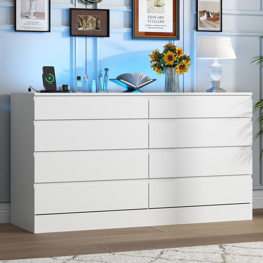 8 Drawer Dresser with Power Outlet, White Dresser for Bedroom Chest of Drawer with Glass Top & LED Light, Modern Double Wide Drawer Organizer Cabinet for Living Room (White)