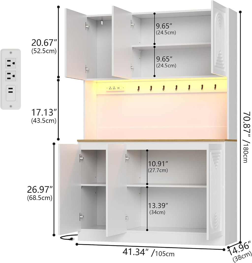 Gyfimoie 71" Kitchen Pantry with Power Outlet & LED Light, Large Kitchen Hutch Cabinet with Adjustable Shelf, Modern Buffet Cabinet with 6 Doors, Food Pantry Storage for Dining Room (White-6 Doors)