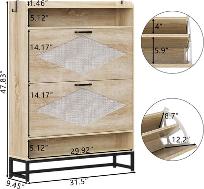 Shoe Cabinet with 2 Flip Drawers, Free Standing Shoe Storage Organizer Cabinet with Rattan Doors for Entryway, Narrow Shoe Rack Cabinet (Natural)
