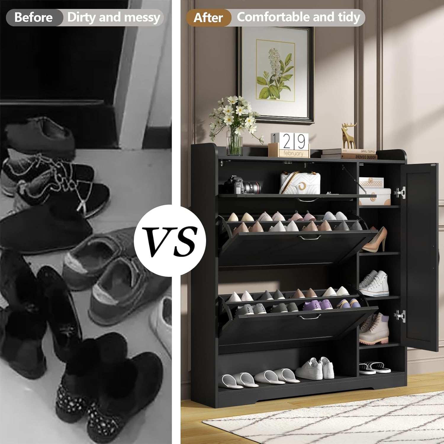 Shoe Cabinet with 2 Flip Drawers & 1 Drawer, Shoe Storage Cabinet with Sidecabinet for Entryway, Slim Freestanding Shoe Cabinet Organizer with Adjustable shelf, Narrow Hidden Shoe Rack, Black