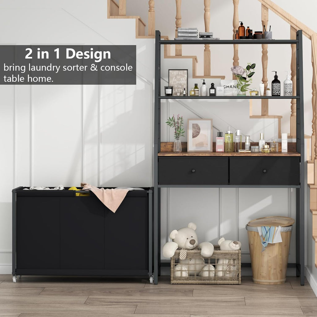 Laundry Hamper Laundry Basket with 3 Section Pull-Out Rolling Bags & 2-Tier Storage Shelf, Laundry Sorter for Organization and Storage with 2 Drawers for Laundry Room, Bathroom