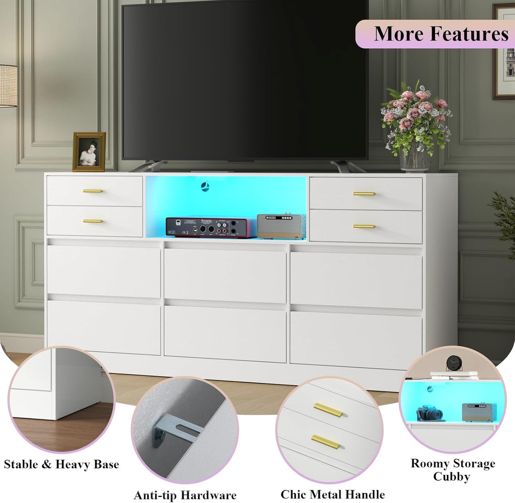 10 Drawers Dresser, LED Dressers & Chests of Drawers with Power Outlet, 58" Wide Long Dresser for Bedroom, Modern TV Stand with 1 Open Storage Cubbies (White)
