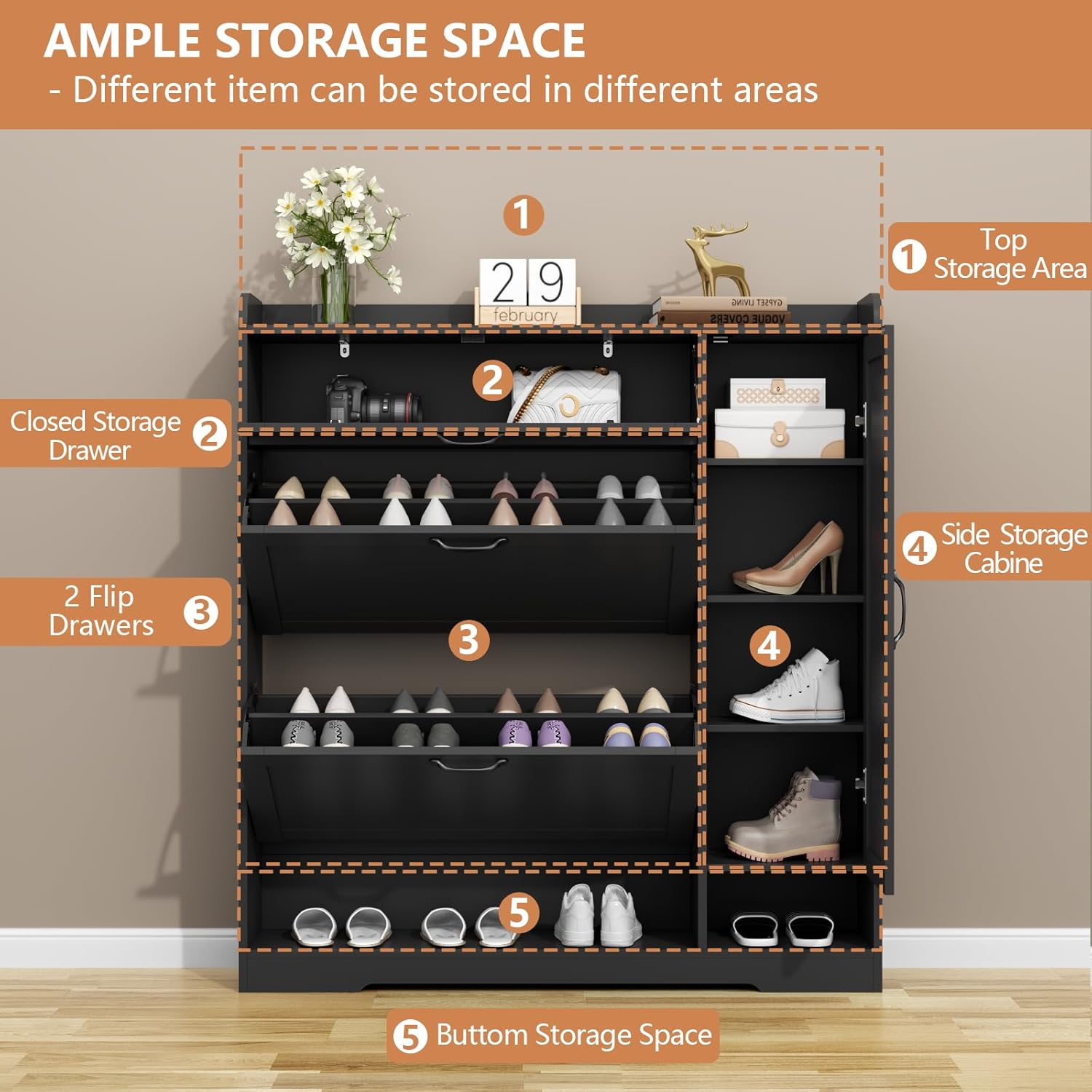 Shoe Cabinet with 2 Flip Drawers & 1 Drawer, Shoe Storage Cabinet with Sidecabinet for Entryway, Slim Freestanding Shoe Cabinet Organizer with Adjustable shelf, Narrow Hidden Shoe Rack, Black