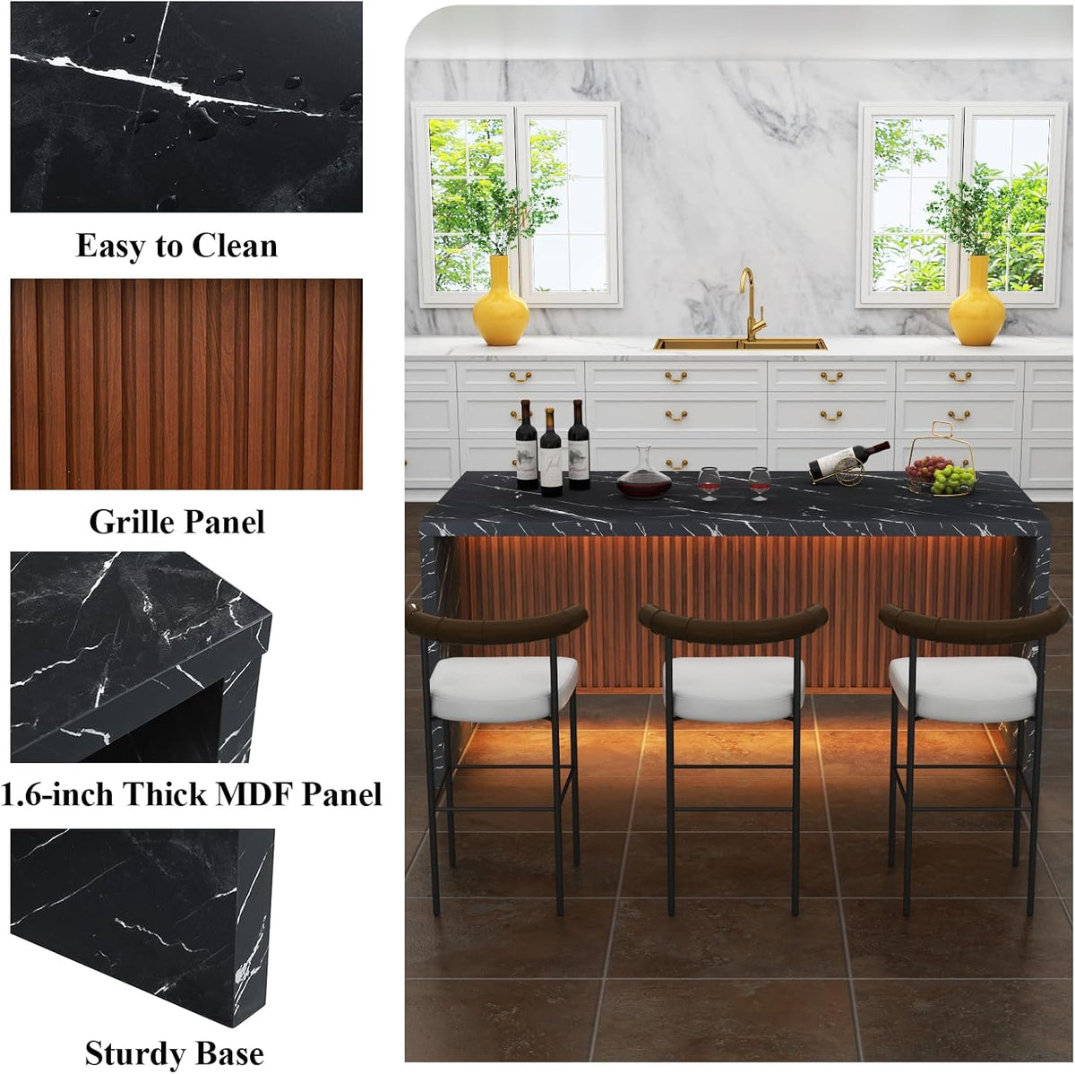 71" Large Imitation Marble Dining Table for 6-8 People, with LED Lights