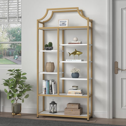 Lux Etagere 8-Tier Open Shelf Bookcase – 70.87" H x 31.5" L, Modern Metal Frame with Gold Finish & White Shelves, Tall Storage Display for Bedroom, Home Office & Living Room (Gold)